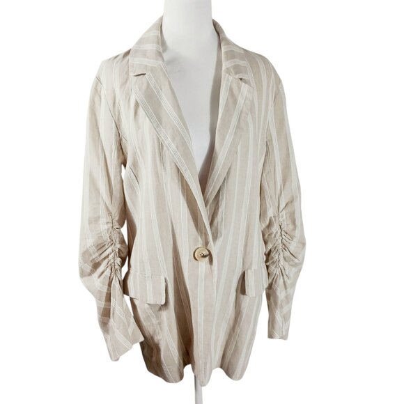Free People Jackets & Blazers - Free People "Fern" Oversized Striped Linen Blend Blazer, Ruched Sleeves SZ Small